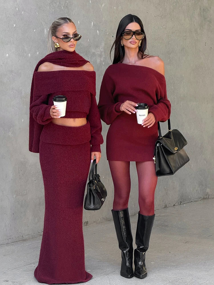 Kliou Female Elegant Mini Dress Autumn Trend Slash Neck Backless Full Sleeve Wrap Hip Street Fashion Basic Classic Style Bodycon