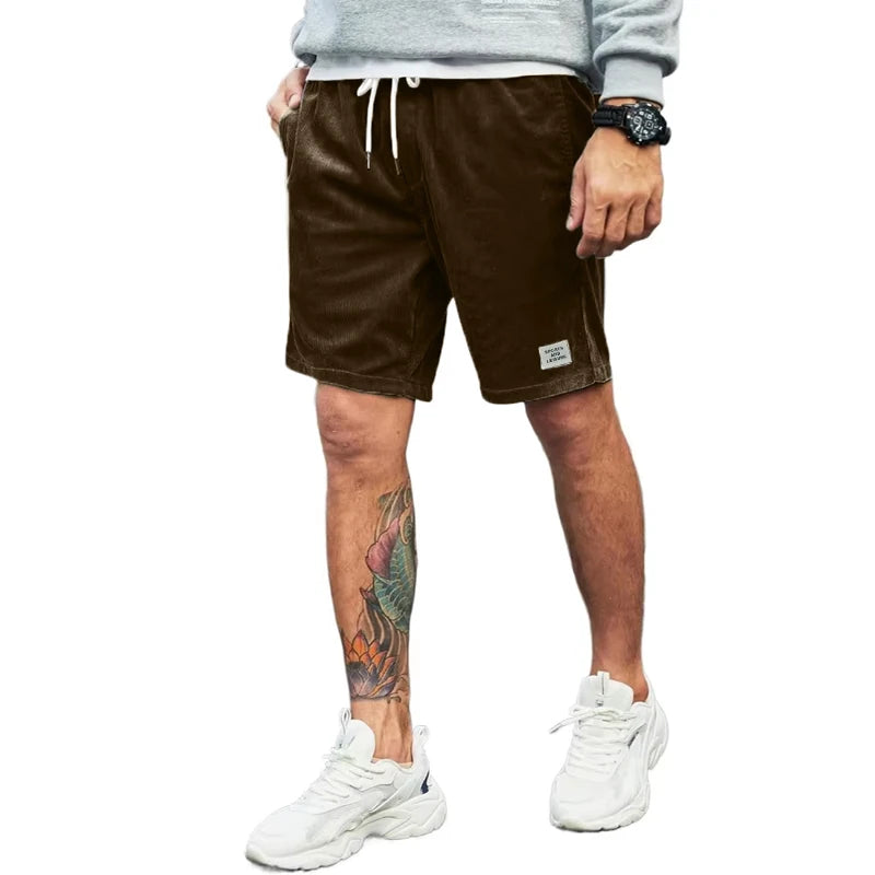 Summer Men's Corduroy Shorts Beach Elastic Waist Drawstring Casual Shorts Fitness Breathable Pants Sport Streetwear
