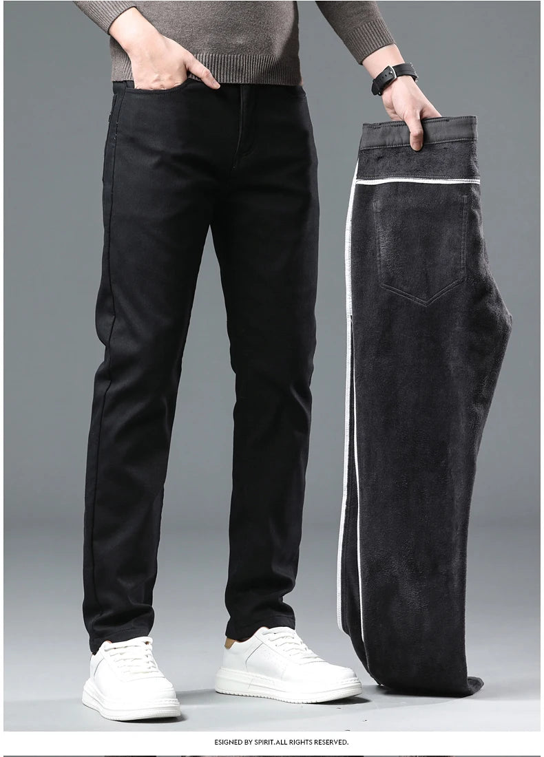 Fleece Pants Men's Winter Thick Slim Elastic Business Casual Velvet Pants Warm Fashion Solid Color Plush Trousers Male
