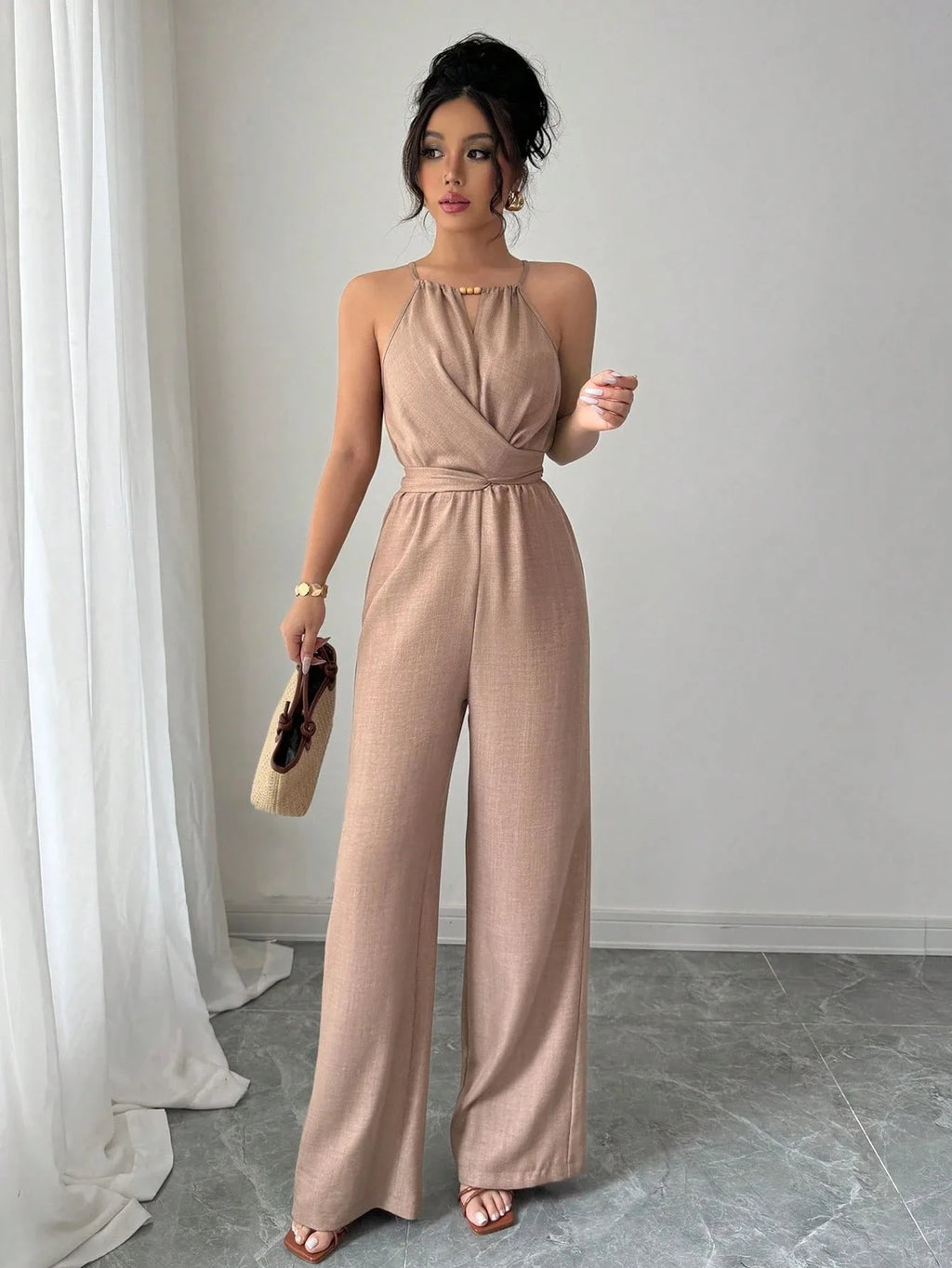 Women's Casual Halter Jumpsuit Spring and Summer Daily Solid Slim-Fit Backless Sleeveless Jumpsuit Lady's Floor-Length Trousers