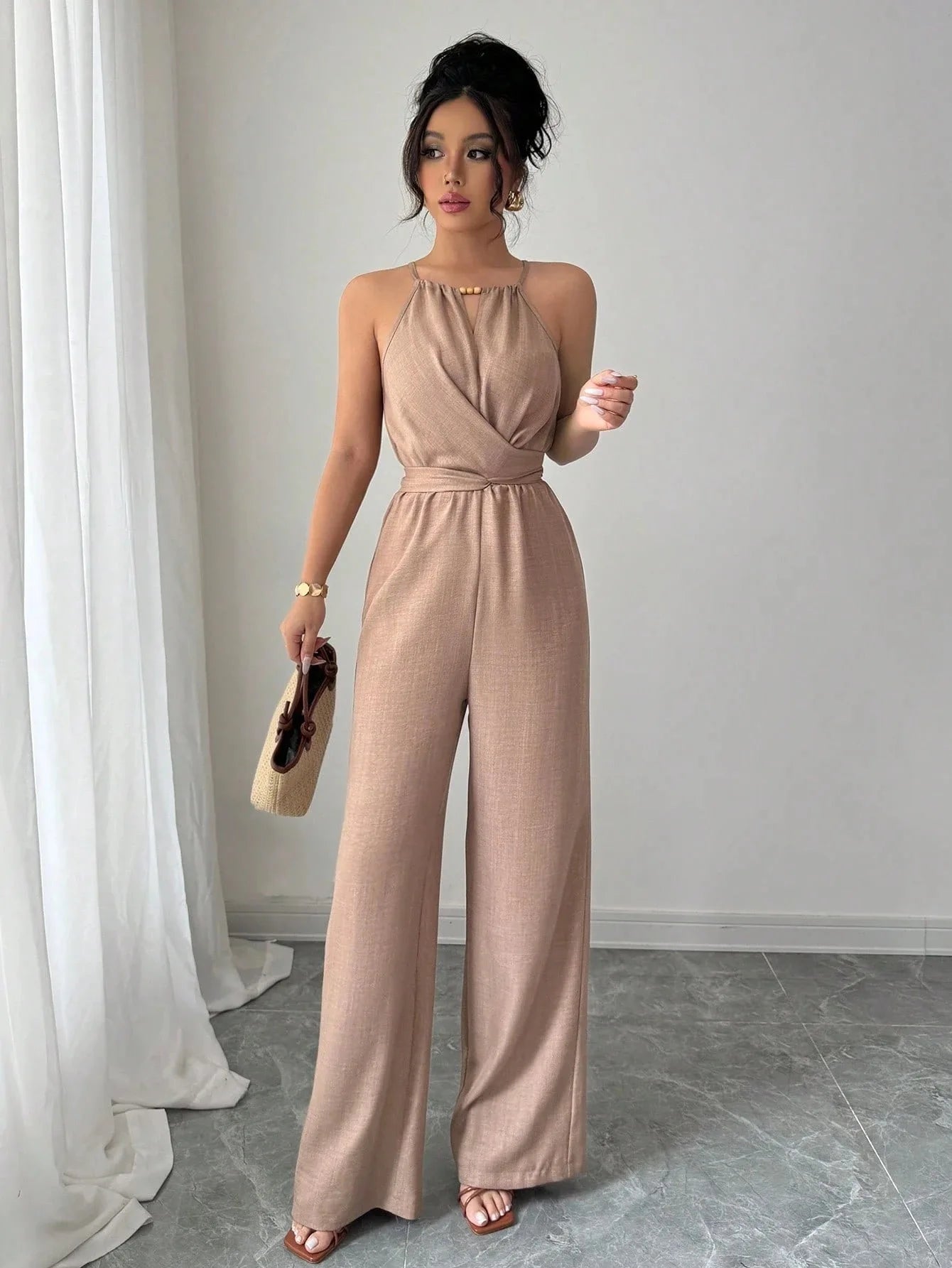 Women's Casual Halter Jumpsuit Spring and Summer Daily Solid Slim-Fit Backless Sleeveless Jumpsuit Lady's Floor-Length Trousers
