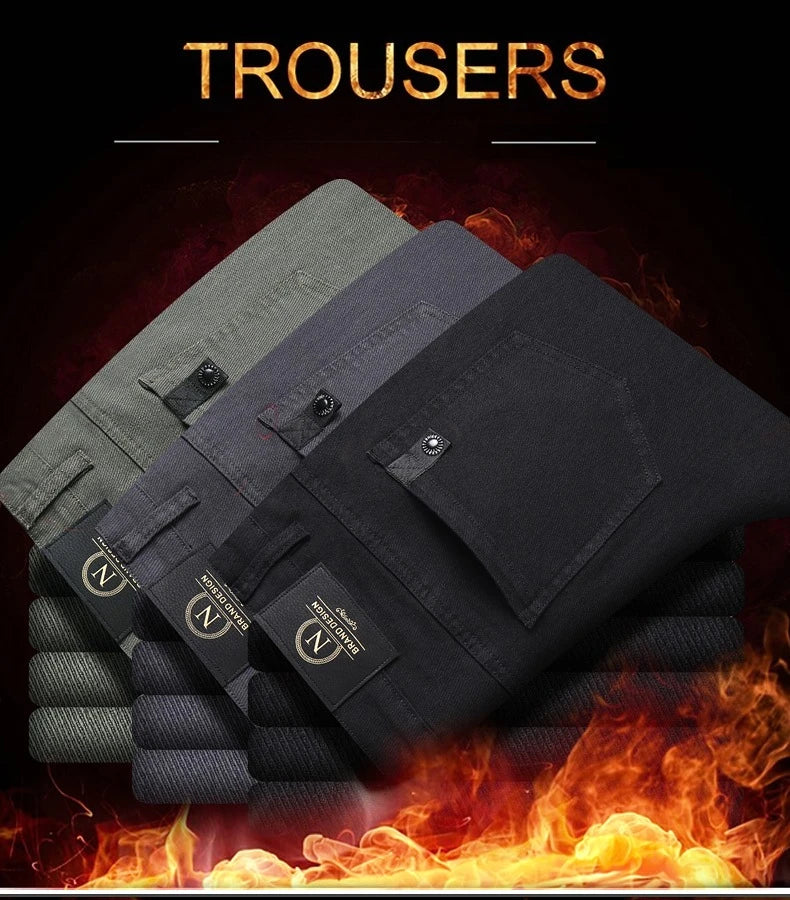 Fleece Pants Men's Winter Thick Slim Elastic Business Casual Velvet Pants Warm Fashion Solid Color Plush Trousers Male