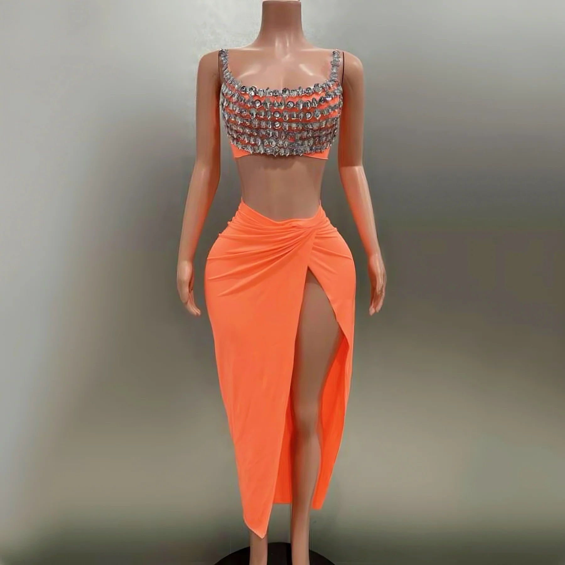 Sparkly Diamond Sexy Mini Tops Slit Sheath Skirt Two-Pieces Evening Party Performance Costume Nightclub Singer Stage Wear Sets