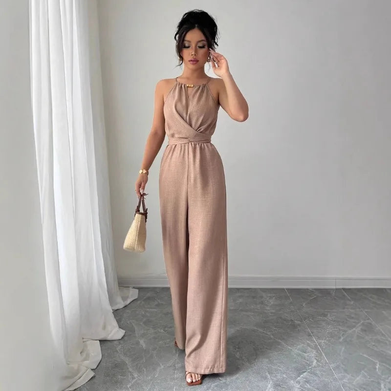 Women's Casual Halter Jumpsuit Spring and Summer Daily Solid Slim-Fit Backless Sleeveless Jumpsuit Lady's Floor-Length Trousers