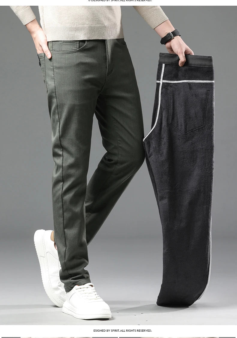 Fleece Pants Men's Winter Thick Slim Elastic Business Casual Velvet Pants Warm Fashion Solid Color Plush Trousers Male