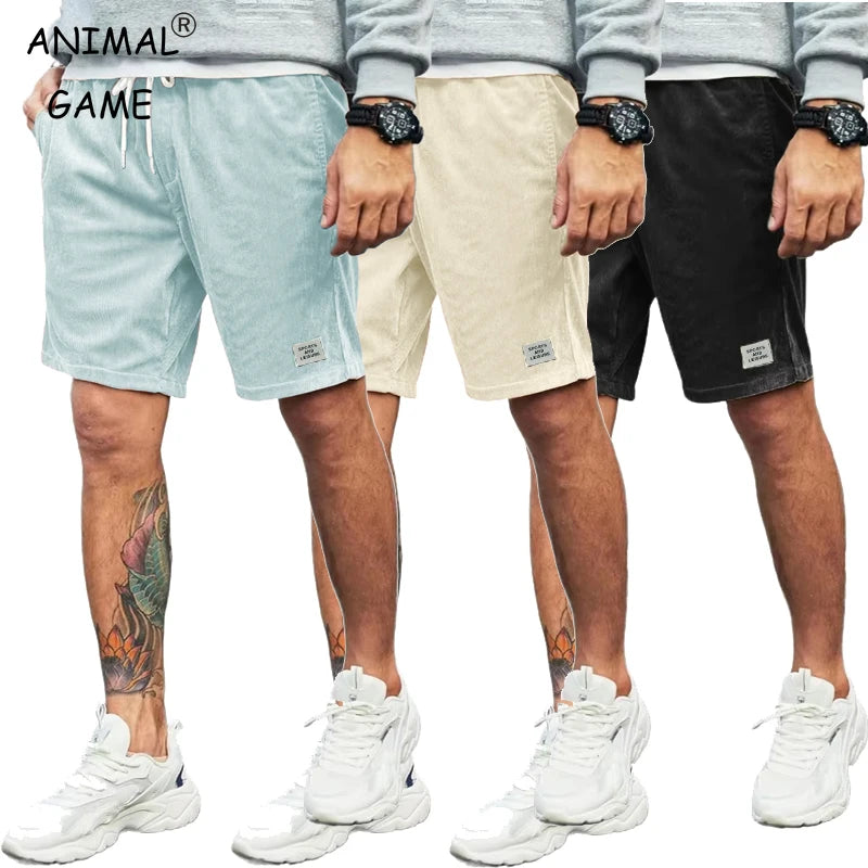 Summer Men's Corduroy Shorts Beach Elastic Waist Drawstring Casual Shorts Fitness Breathable Pants Sport Streetwear