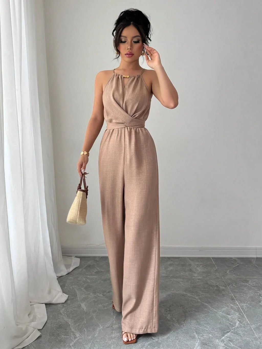 Women's Casual Halter Jumpsuit Spring and Summer Daily Solid Slim-Fit Backless Sleeveless Jumpsuit Lady's Floor-Length Trousers